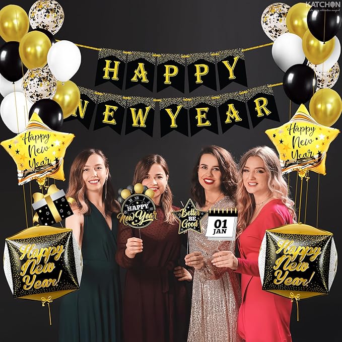 KatchOn, New Years Eve Party Supplies 2026 - Huge, Set of 76 | Black and Gold Happy New Year Banner, 2026 Balloon Numbers | New Year Foil Balloons, New Years Photo Booth Props | NYE Decorations 2026