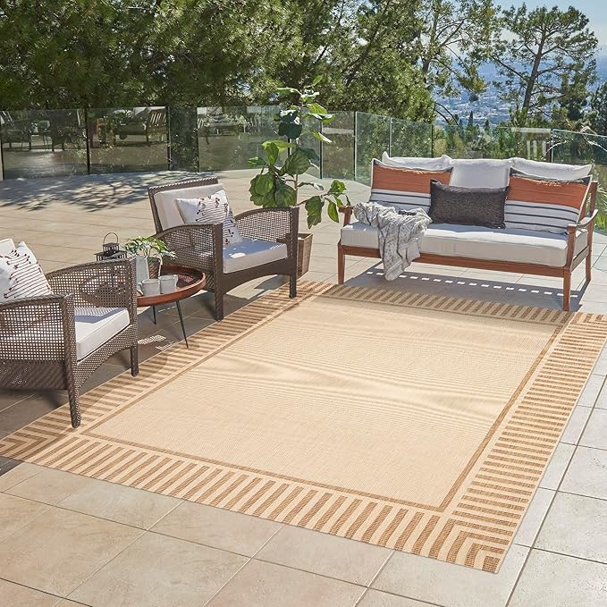 Gertmenian Indoor/Outdoor Flatweave Area Rug - 5x7 Standard, Stain & UV Resistant, Ideal for Deck, Patio, Poolside, Mudroom - Klano Striped Sand, Chestnut, 25419