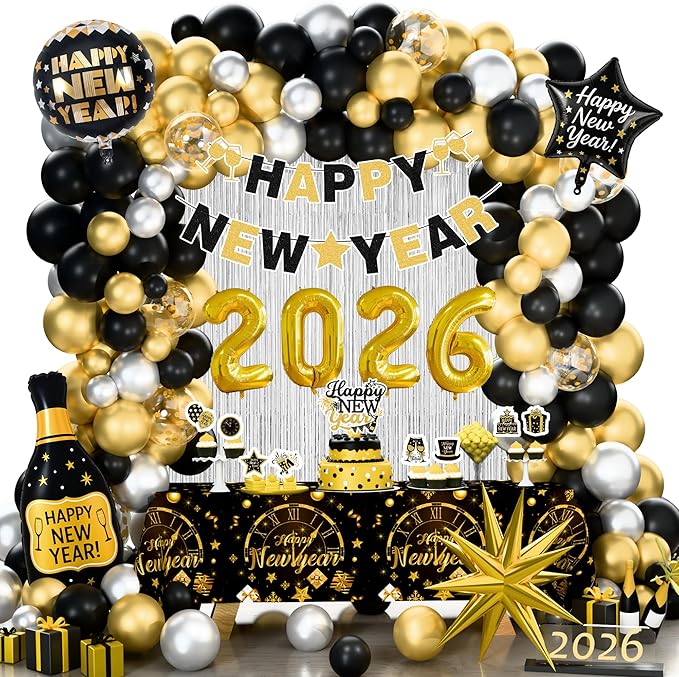 New Year 2026 Party Supplies Kit, Happy New Year's Eve Party Decorations, 2026 Year Party Decor with 2026 Gold Black Balloon Garland Foil Curtain Tablecloth with 2026 New Years Eve Party Decorations