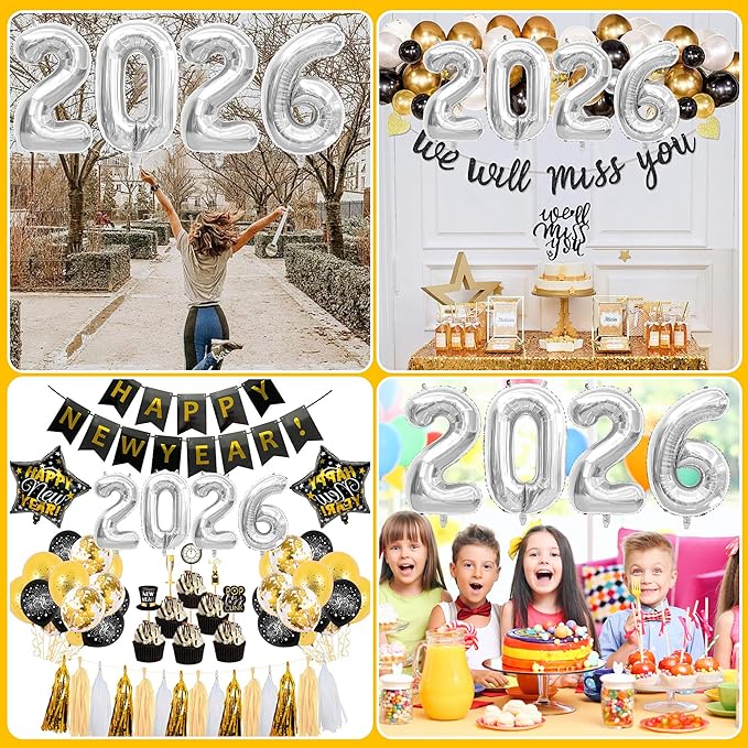 2026 Balloons New Years Eve Party Supplies - 40" Large Sliver Foil Number Balloon New Years Decorations Graduation Balloons Class of 2026 Happy New Year Birthday Anniversary Graduation Decorations