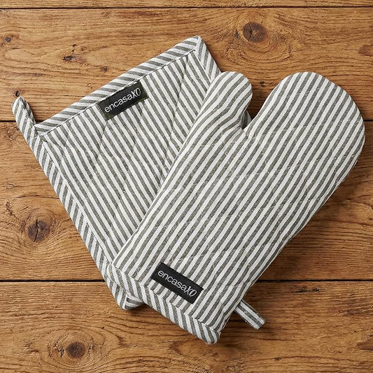 Encasa XO Heat Resistant 100% Cotton Oven Glove & Potholder Set with Loop, Kitchen Cooking Mittens, Microwave Safe Hot Pads (Ticking Black)