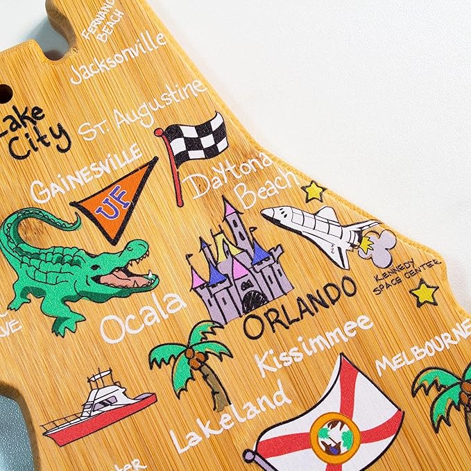 Totally Bamboo Florida State Shaped Cutting Board and Charcuterie Serving Platter with Artwork by Fish Kiss, Includes Hang Tie for Wall Display