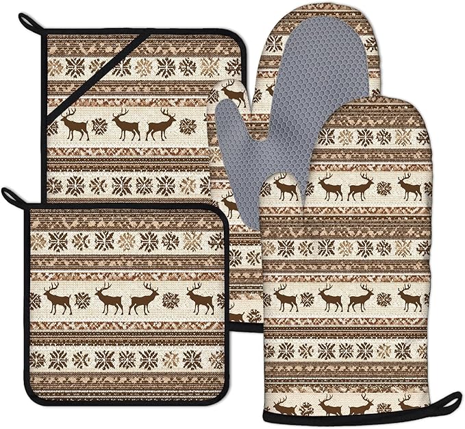 Brown Rustic Deer Oven Mitts and Pot Holders Sets 4Pcs Wild Animal Silicone Kitchen Gloves Heat Resistant Potholders for Baking Cooking Grilling BBQ