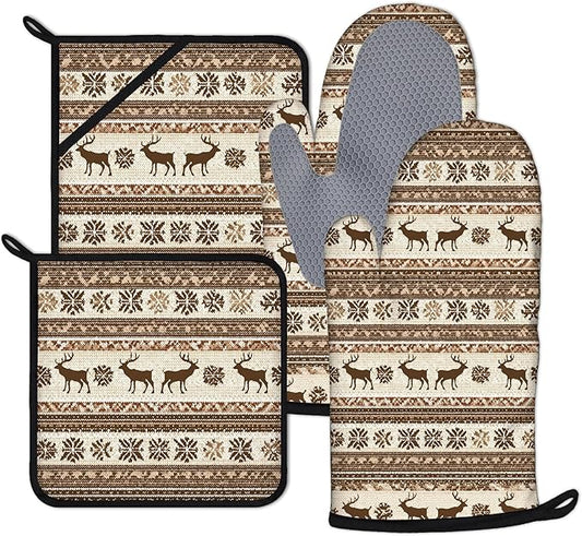 Brown Rustic Deer Oven Mitts and Pot Holders Sets 4Pcs Wild Animal Silicone Kitchen Gloves Heat Resistant Potholders for Baking Cooking Grilling BBQ