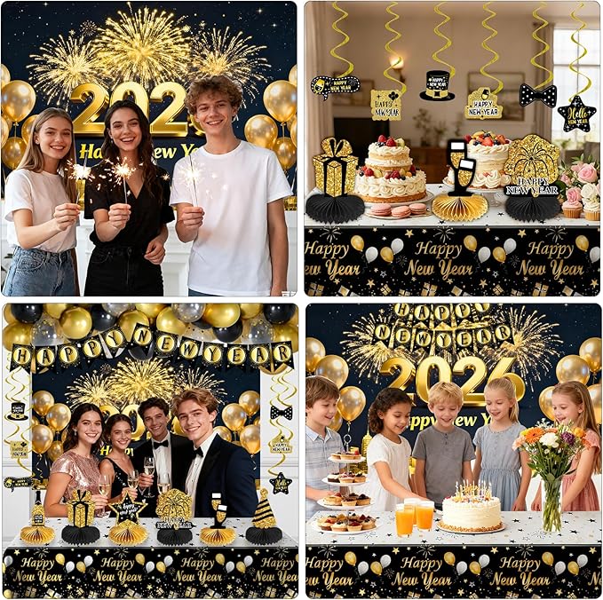 New Years Eve Party Supplies 2026, Happy New Years Decorations Gold and Black, Happy New Year 2026 Backdrop Banner Tablecloth Balloons Hanging Swirls Honeycomb, 2026 Nye Party Decorations Kit