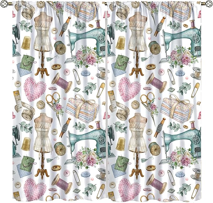 Sewing Theme Window Curtain,Vintage Sewing Machine Tool Watercolor Pattern Print Blackout Curtains for Bedroom Cafe Dining Room Office Living Room Kitchen Drapes, 55x63 in