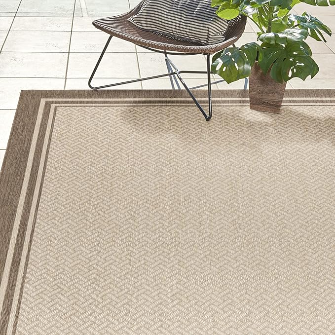 Gertmenian Indoor/Outdoor Flatweave Area Rug - 6x9 Medium, Stain & UV Resistant, Ideal for Deck, Patio, Poolside, Mudroom - Border Brown Tan, 22913