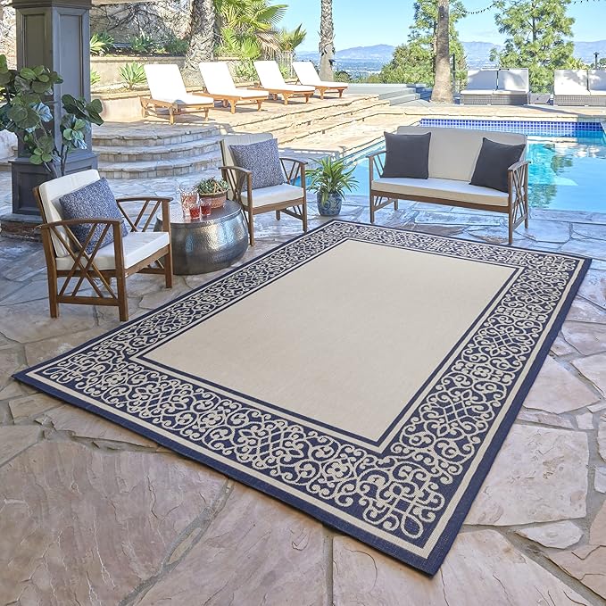 Gertmenian Indoor/Outdoor Flatweave Area Rug - 6x9 Medium, Stain & UV Resistant, Ideal For Deck, Patio, Poolside, Mudroom - Abstract Border, Navy Blue Tan, 22961
