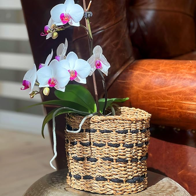 WHW Whole House Worlds Black Striped Seagrass and Jute Baskets, Round, Natural Chunky Sweater Weave, Set of 3, Made by Hand, from 9.75, 8.25, and 6.75 D Inches