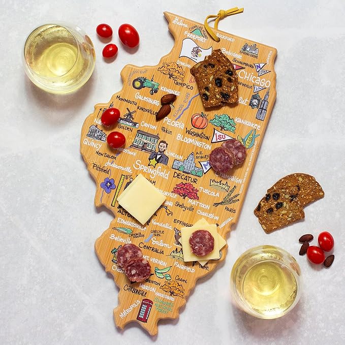 Totally Bamboo Illinois State Shaped Cutting Board and Charcuterie Serving Platter with Artwork by Fish Kiss, Includes Hang Tie for Wall Display