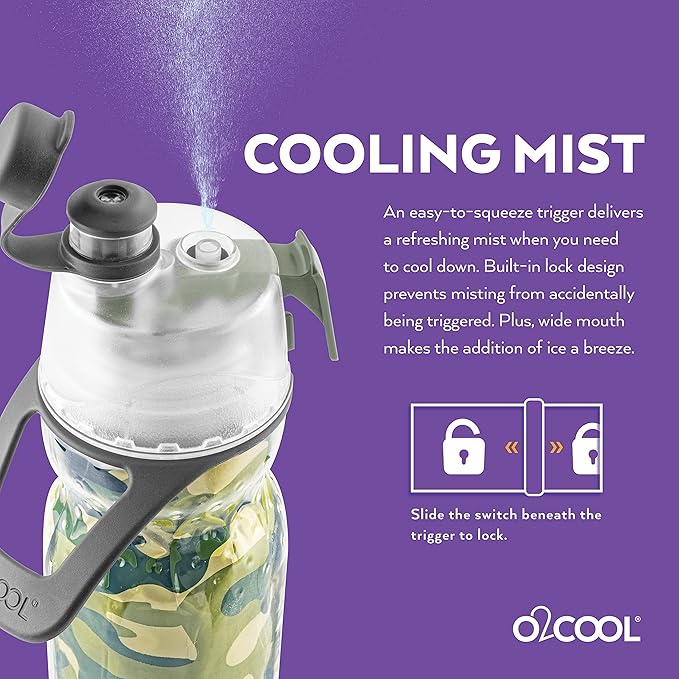 O2COOL Mist 'N Sip Misting Water Bottle 2-in-1 Mist And Sip Function With No Leak Pull Top Spout Reusable Sports Water Bottle - 20 oz (Green Camo)