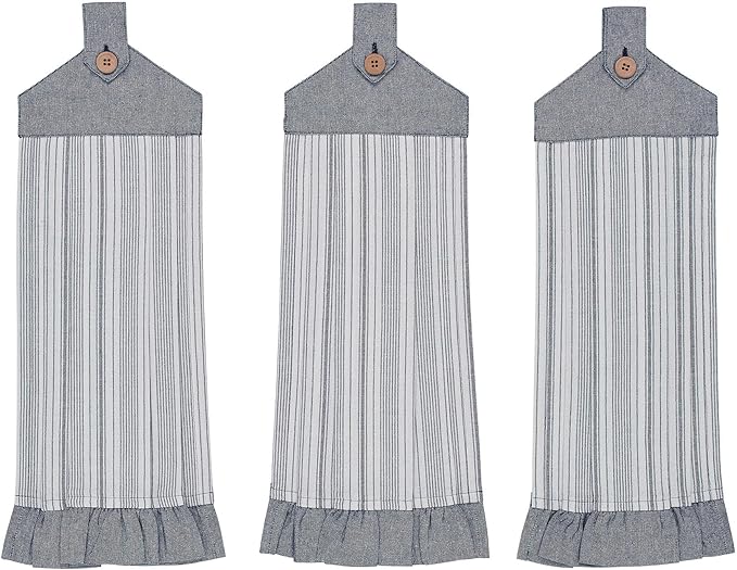 VHC Brands Cotton Sawyer Mill Blue Ticking Stripe Button Loop Kitchen Towel Set of 3, 21x7 Inches, Blue