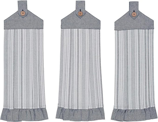 VHC Brands Cotton Sawyer Mill Blue Ticking Stripe Button Loop Kitchen Towel Set of 3, 21x7 Inches, Blue