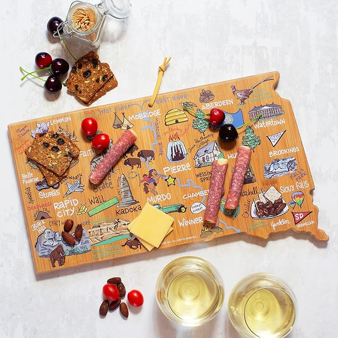 Totally Bamboo South Dakota State Shaped Cutting Board and Charcuterie Serving Platter with Artwork by Fish Kiss, Includes Hang Tie for Wall Display