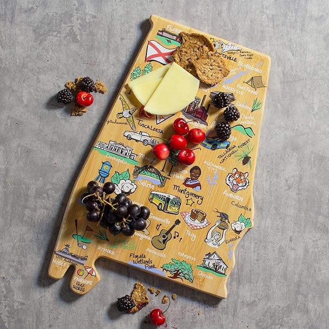 Totally Bamboo Alabama State Shaped Cutting Board and Charcuterie Serving Platter with Artwork by Fish Kiss, Includes Hang Tie for Wall Display