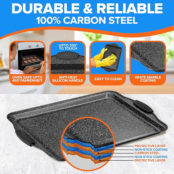 Emporio Kitchen Baking Pan Set - Nonstick Coating, Carbon Steel Bakeware Set with Gray Silicone Handles, PFOA, PFOS, PTFE Free, Recipe Booklet Included, Oven Safe Tray (Up To 450° F), Set of 25 - Gray