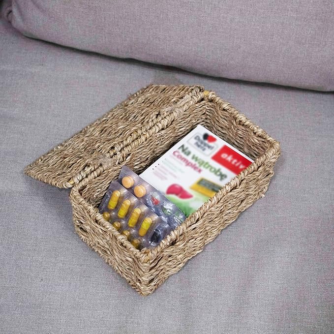 Seagrass Rectangle Storage Boxes w Lid | Set 2 Household Essential Shelf Organizer - Decorative Wicker Bins for Home Office, Nusery Supplies, Kitchen Accessories - Rustic Bathroom Toilet Tank Topper