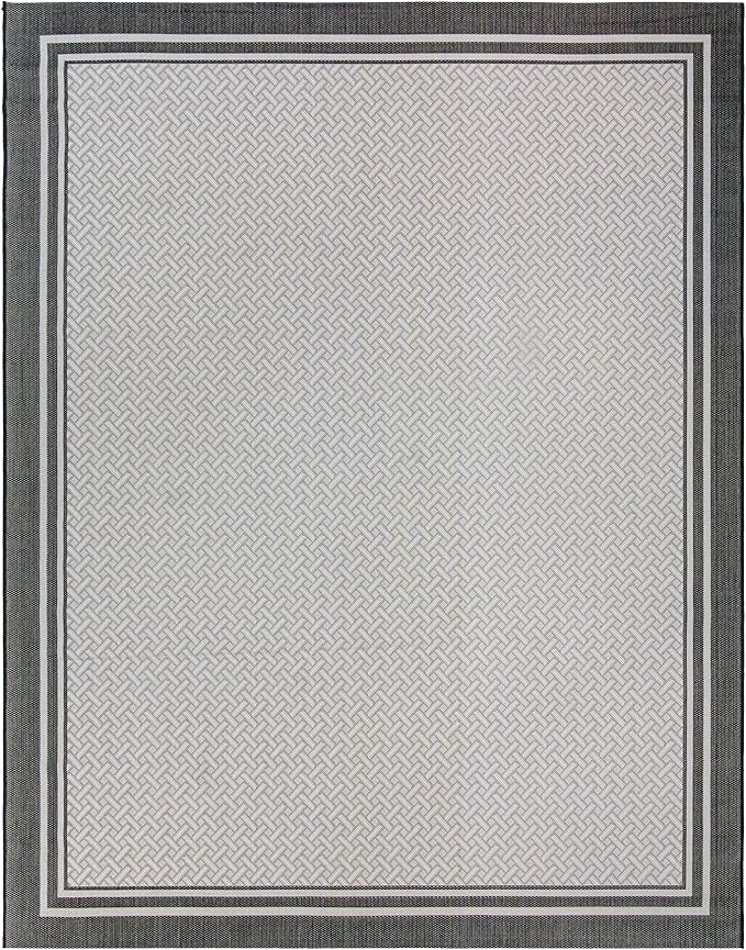 Gertmenian Indoor/Outdoor Flatweave Area Rug - 8x10 Large, Stain & UV Resistant, Ideal For Deck, Patio, Poolside, Mudroom - Border, White & Black, 23018