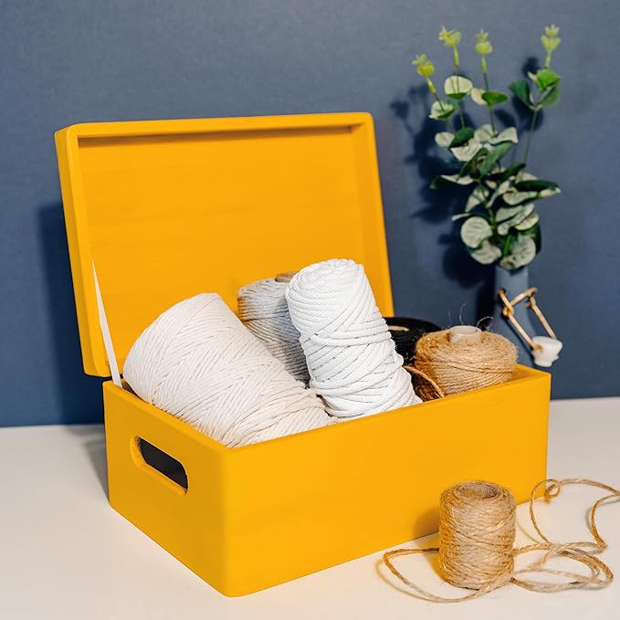 Creative Deco Large Yellow Wooden Box Storage with Hinged Lid | 11.8x7.87x5.51in (+-0.5) | Keepsake with Handles | Gift Box for Tool Dog Toy Shoes Kitchen Storage | Wood Keepsake Chest Trunk