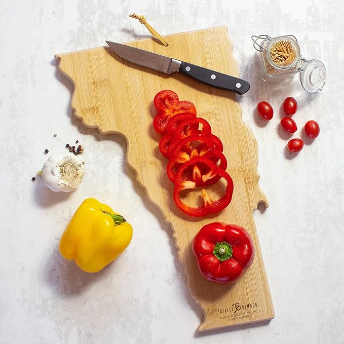 Totally Bamboo Vermont State Shaped Cutting Board and Charcuterie Serving Platter with Artwork by Fish Kiss, Includes Hang Tie for Wall Display