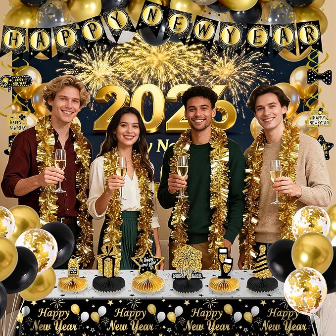New Years Eve Party Supplies 2026, Happy New Years Decorations Gold and Black, Happy New Year 2026 Backdrop Banner Tablecloth Balloons Hanging Swirls Honeycomb, 2026 Nye Party Decorations Kit