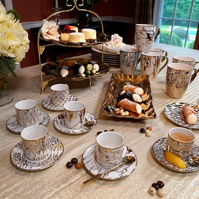 Matrix Gold Porcelain Espresso Cup & Saucer Set – 6 Assorted Modern Designs with Gold Plated Accents – Elegant Espresso Cups for Entertaining, Gift-Giving & Home Décor