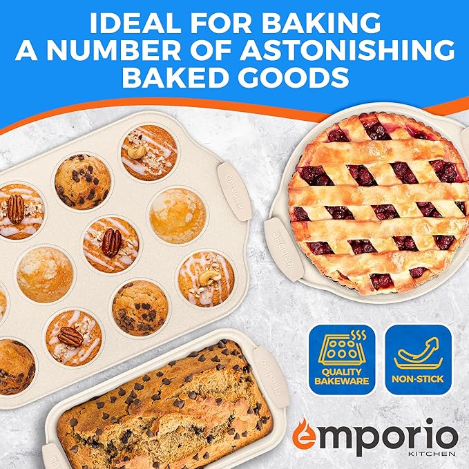 Emporio Kitchen Baking Pan Set - Nonstick Coating, Carbon Steel Bakeware Set with White Silicone Handle, PFOA, PFOS, PTFE Free, Recipe Booklet Included, Oven Safe Tray (Up To 450° F), Set of 6 - White