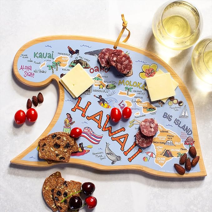 Totally Bamboo Hawaii State Shaped Cutting Board and Charcuterie Serving Platter with Artwork by Fish Kiss, Includes Hang Tie for Wall Display