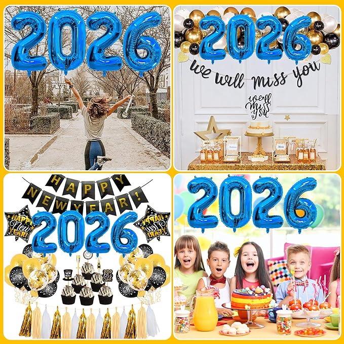2026 Balloons New Years Decorations - 40" Large 2026 Blue Foil Number Balloon New Years Eve Party Supplies Graduation Balloons Class of 2026 Happy New Year Birthday Anniversary Graduation Decorations