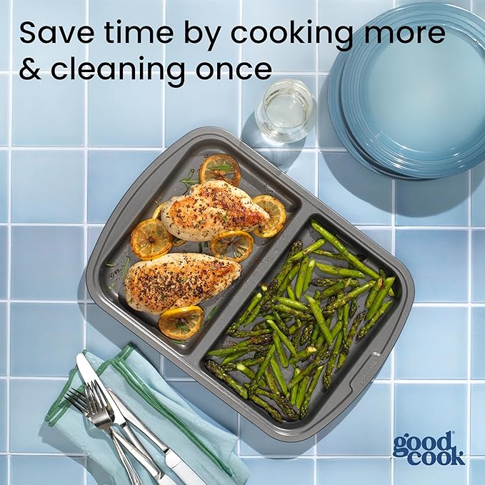 GoodCook Everyday Divided Sheet Pan 1-Inch Deep 2-Section Non-Stick Scratch-Resistant Carbon Steel Construction for Meal Prepping & Sheet Pan Dinners, 11x16-Inch, Gray