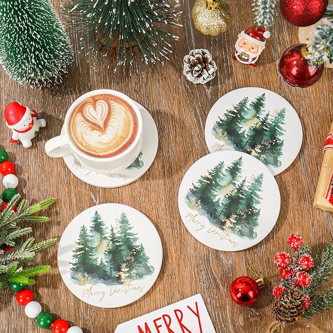 JarThenaAMCS 4Pcs Christmas Coasters Round Ceramic Drink Coaster Watercolor Xmas Pine Tree Cup Mat for Mugs Home Kitchen Farmhouse Table Protection