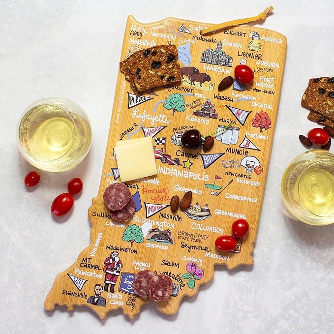 Totally Bamboo Indiana State Shaped Cutting Board and Charcuterie Serving Platter with Artwork by Fish Kiss, Includes Hang Tie for Wall Display