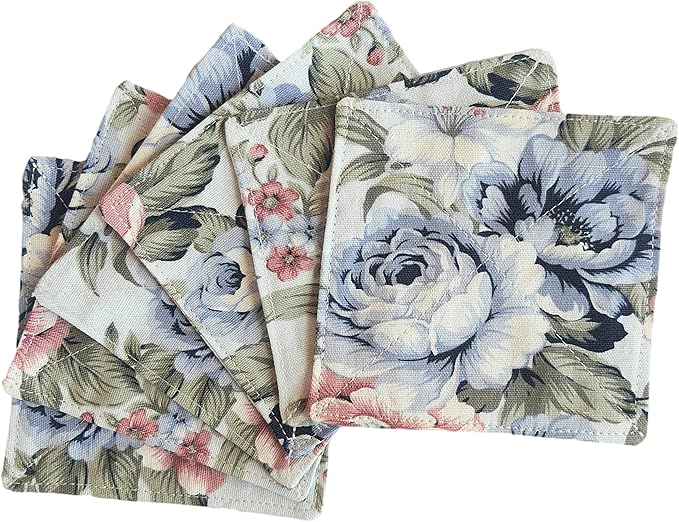 CUSHYSTORE 2 Layers Coasters Saucers Canvas Floral Botanical Fabric 4", 6 Pack - Blue Rose Garden