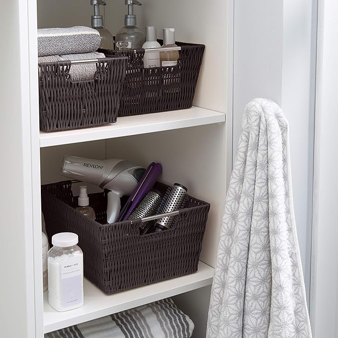 Simplify 3 Piece Set Woven Rattan Tote Baskets | Multi-Size | Handles | Storage & Organization | Toys | Bathroom Accessories | Home | Office | Dorm | Playroom | Closet | Chocolate