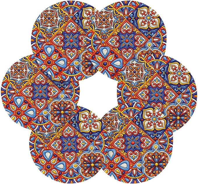 YETTASBIN Mexican Talavera 6 Pcs Drink Coasters with Holder, Cotton Woven Absorbent Heat-Resistant Round Coaster Non-Slip Table Mat for Kitchen Bar Home Decor Housewarming Gift, 3.9 in
