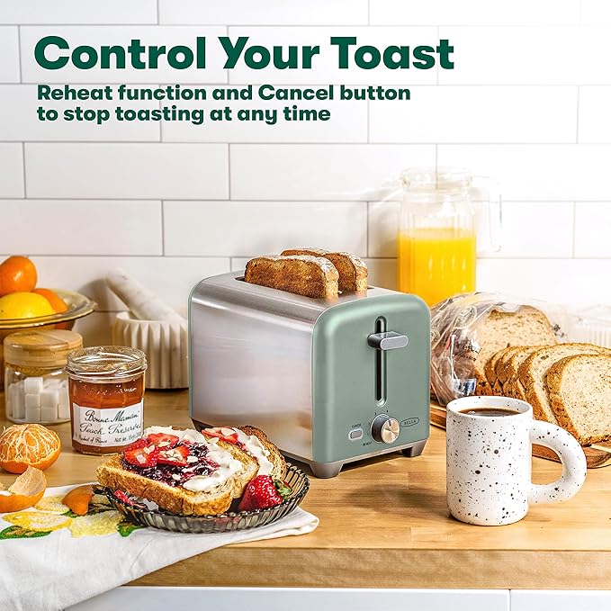 BELLA 2 Slice Toaster, Quick & Even Results Every Time, Wide Slots Fit Any Size Bread Like Bagels or Texas Toast, Drop-Down Crumb Tray for Easy Clean Up, Stainless Steel and Sage