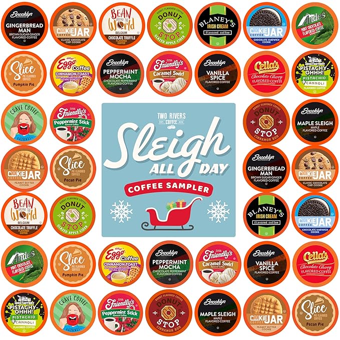 Two Rivers Coffee Sleigh All Day Holiday Coffee Pods Compatible with Keurig K Cup Brewers, Assorted Coffee Sampler, 40 Count (Pack of 1)