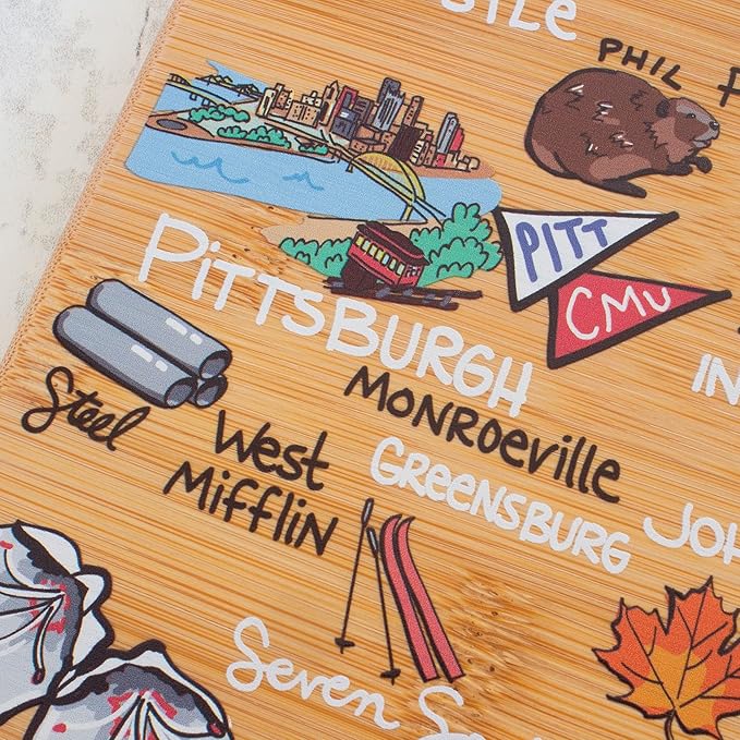 Totally Bamboo Pennsylvania State Shaped Cutting Board and Charcuterie Serving Platter with Artwork by Fish Kiss, Includes Hang Tie for Wall Display