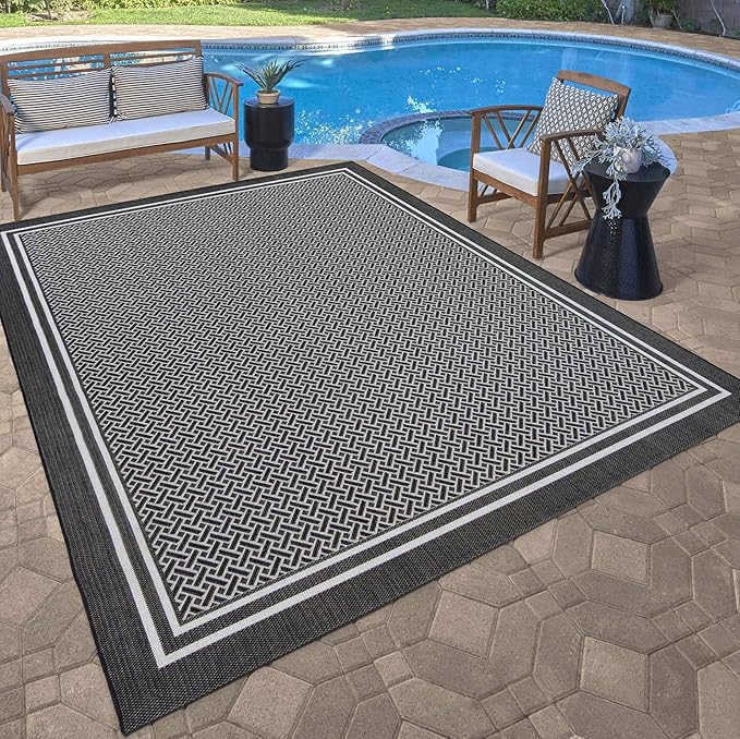 Gertmenian Indoor/Outdoor Flatweave Area Rug - 5x7 Standard, Stain & UV Resistant, Ideal for Deck, Patio, Poolside, Mudroom - Border, Black and White, 22256