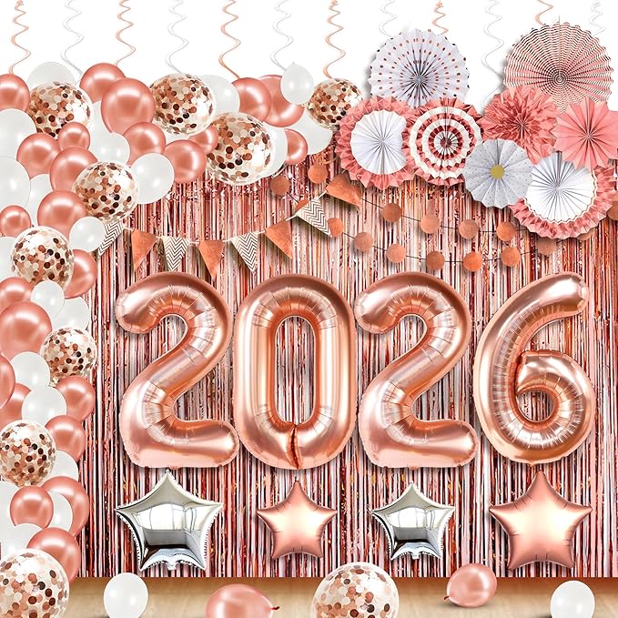 KatchOn, Rose Gold Birthday Decorations Set - Huge Pack of 145 | Rose Gold Fringe Backdrop, Balloons, Garland for Birthday Decorations, Graduation Decorations 2026 | Graduation Eve Party Supplies