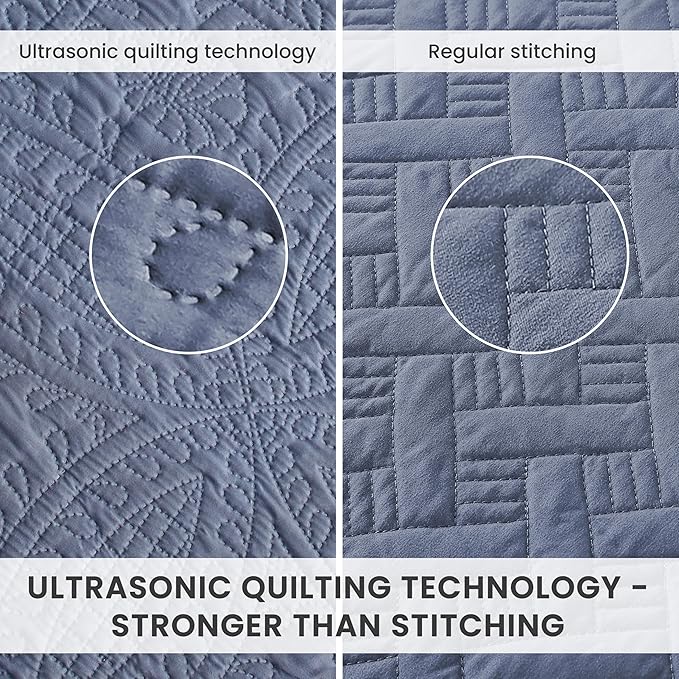 Love's cabin King Quilt Set Bluish Grey, Bed in a Bag King Size Bedding 7 Pcs, Ultrasonic Embossed Coin Pattern Comforter, Lightweight Bedspreads for All Seasons Quilt with Sheets, Pillowcases & Shams