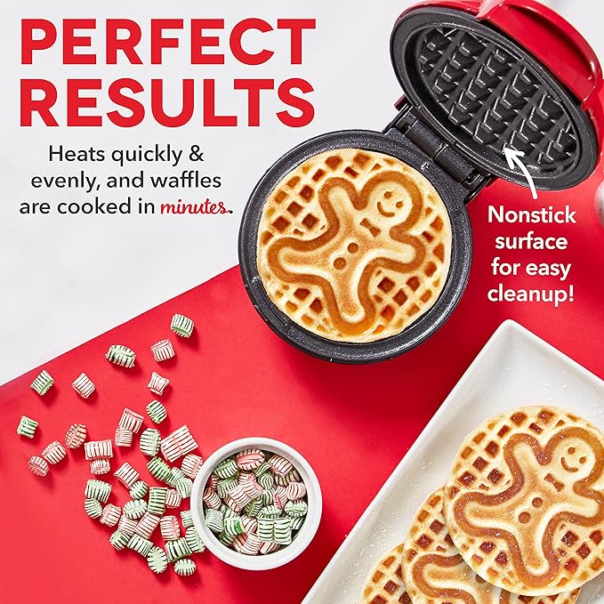 Dash Mini Waffle Maker- Mini Machine for Creative Homemade Treats - Nonstick Iron with Unique Print Design - Stylish Waffle Machine - Holiday 2-Pack - Red & Metallic Blue