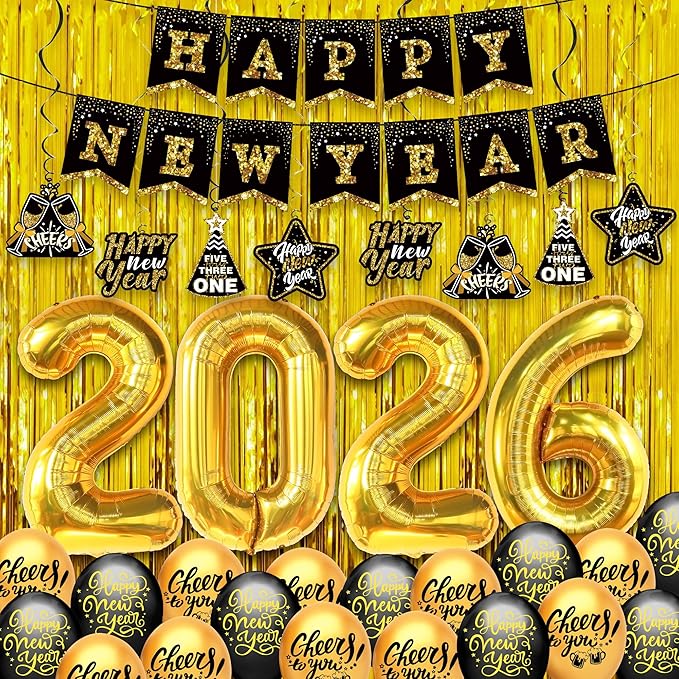 KatchOn, Huge New years Decorations 2026 Set - Pack of 35 | Gold Fringe, Black and Gold Happy New Year Banner, 2026 Balloon Numbers | New Year Foil Balloons, Swirls | New Years Eve Party Supplies 2026
