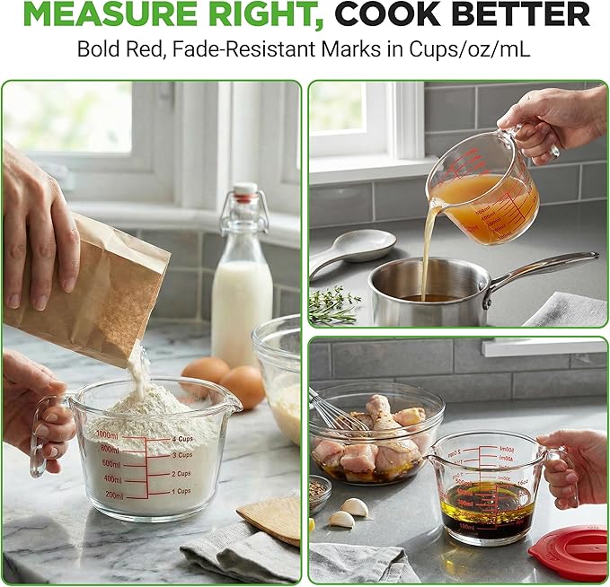 NutriChef 2 and 4 Cups Glass Measuring Cup Set with Lids (17 & 34 oz) - Heat-Resistant Borosilicate Liquid Measure Cups with Easy-Read Scale for Cooking, Baking and Food Storage, Dishwasher Safe
