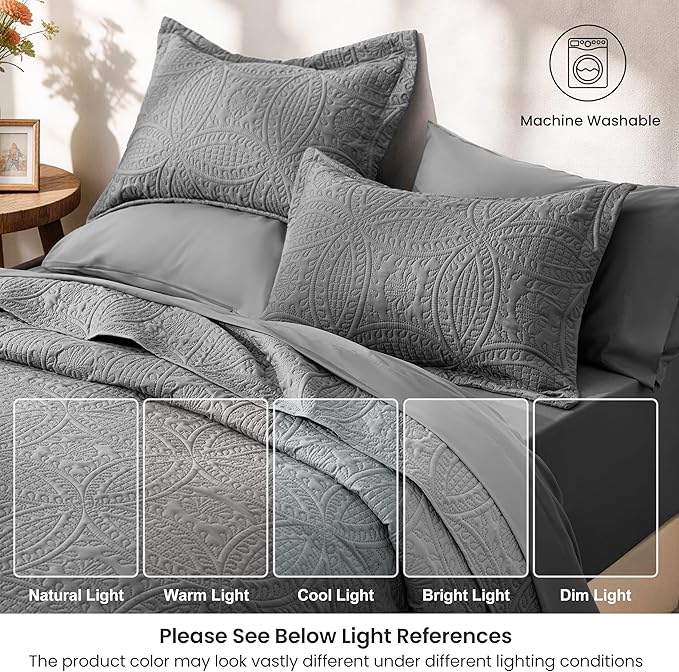 Love's cabin King Quilt Set Grey, Bed in a Bag King Size Bedding 7 Pieces, Ultrasonic Embossed Coin Pattern Comforter, Lightweight Bedspreads for All Seasons Quilt with Sheets, Pillowcases & Shams