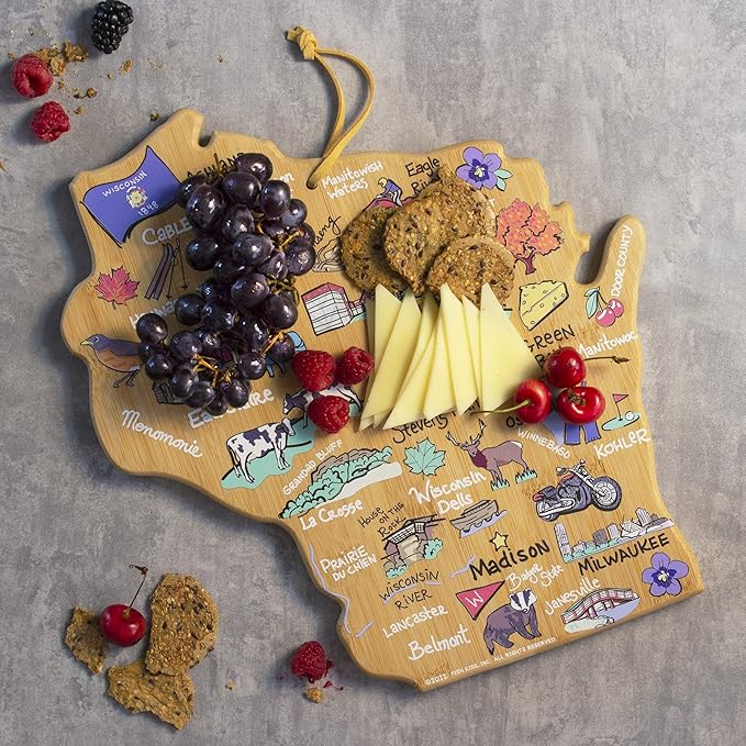 Totally Bamboo Wisconsin State Shaped Cutting Board and Charcuterie Serving Platter with Artwork by Fish Kiss, Includes Hang Tie for Wall Display