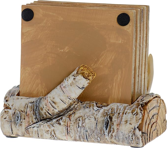 Pine Ridge Home Antler Wood Log Coaster Set with Holder - Bow Hunter Country Absorbent Coaster - Cabin Lodge Home Decor for Hunter Men - Man Cave Coasters Rustic Wood Decor Accent