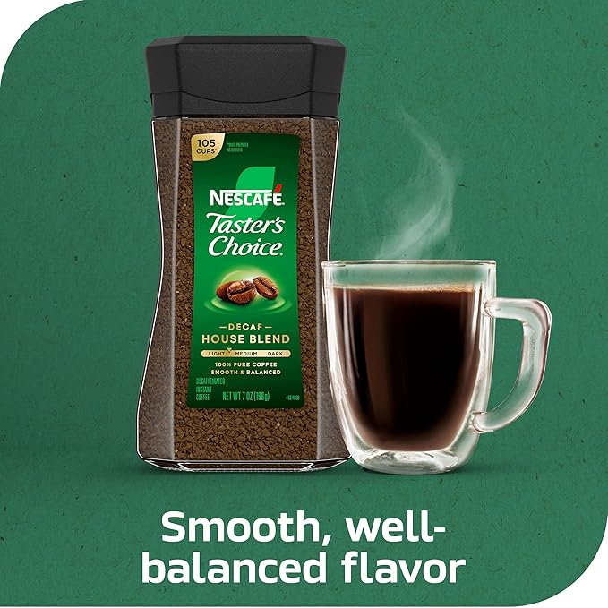 NESCAFÉ Taster's Choice Instant Coffee,Medium Light Roast Coffee,Decaf House Blend,(7 Oz Each),(Pack of 4)