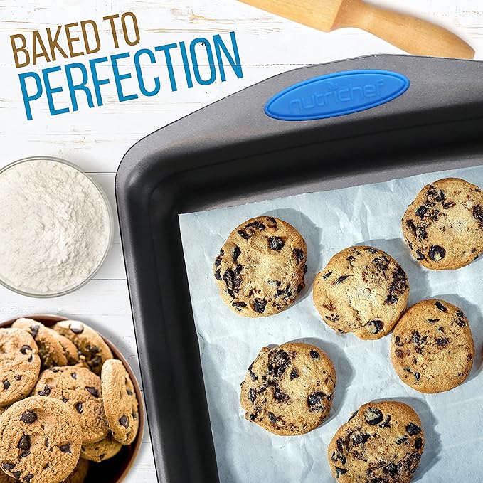 NutriChef 2-Piece Baking Pan Set - Premium Non-Stick Coating Carbon Steel Bakeware w/ Silicone Handles - PFOA, PFOS, PTFE Free Kitchen Oven Bake Tray, Cookie Sheets - Dark Gray, 17.3"x11.4"x1.2"
