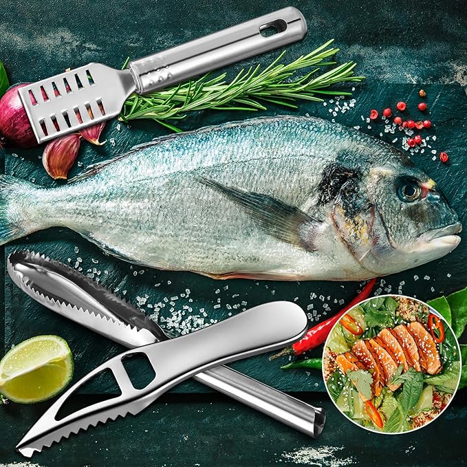Mudder 6 Pieces Fish Scaler Remover Brush Stainless Steel Sawtooth Scarper Remover with Handle Multi-functional Bottle Opener for Kitchen Tool Faster and Easier Fish Scales Skin Removing Peeling